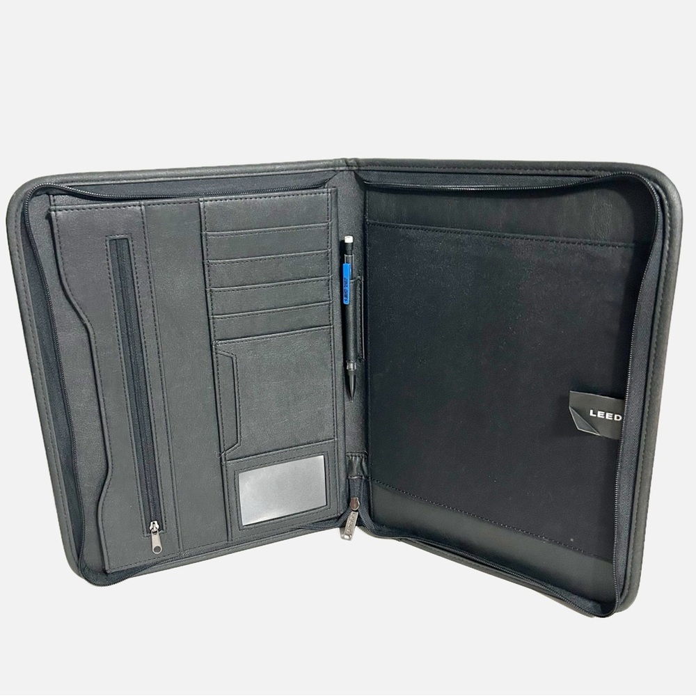 Leeds Black Faux Leather Zip Around Organizer Portfolio Document Keeper Pockets